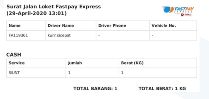 surat jalan marketplace online ekspedisi sicepat fastpay