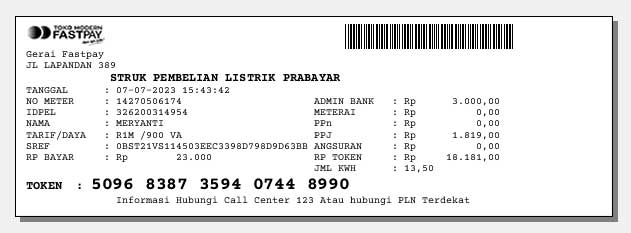 contoh struk ppob Fastpay untuk printer dot matriks