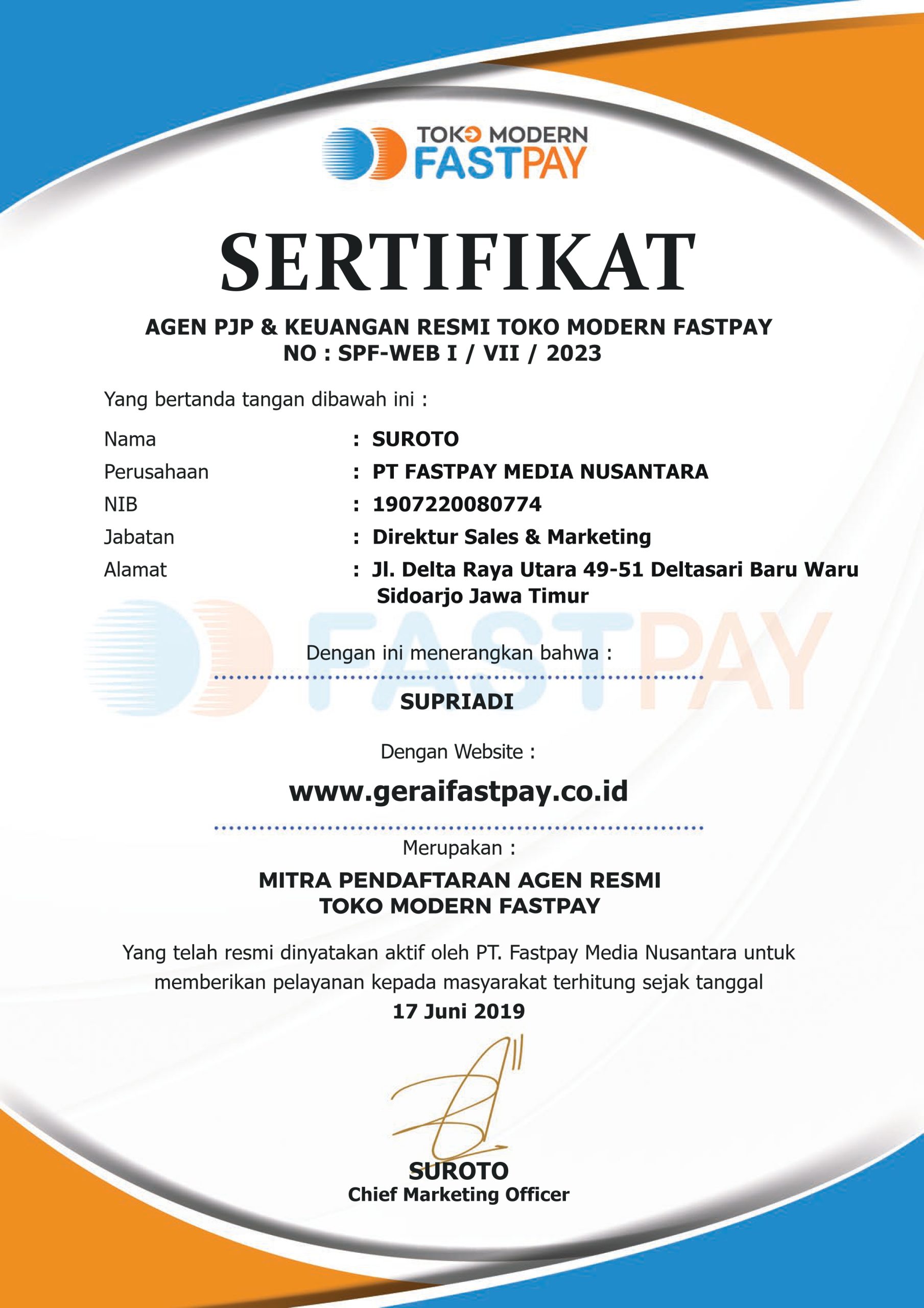 Sertifikat Gerai Fastpay geraifastpay.co.id